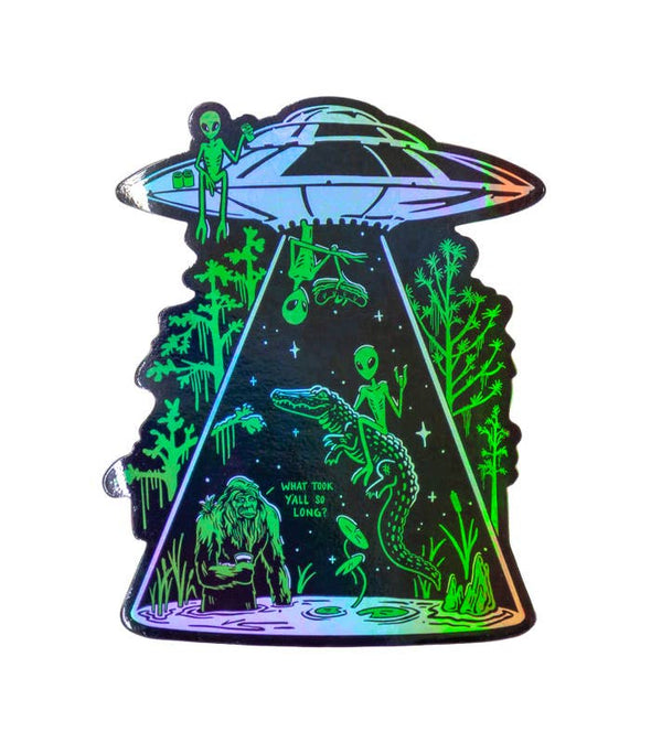 Love Thy Neighbors UFO Holographic Sticker (Alien & Alligator)