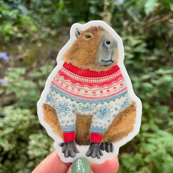 Holiday Capybara in Cozy Sweater Vinyl Sticker 