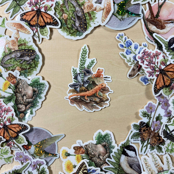 Red Efts With Trumpet Chanterelles Sticker