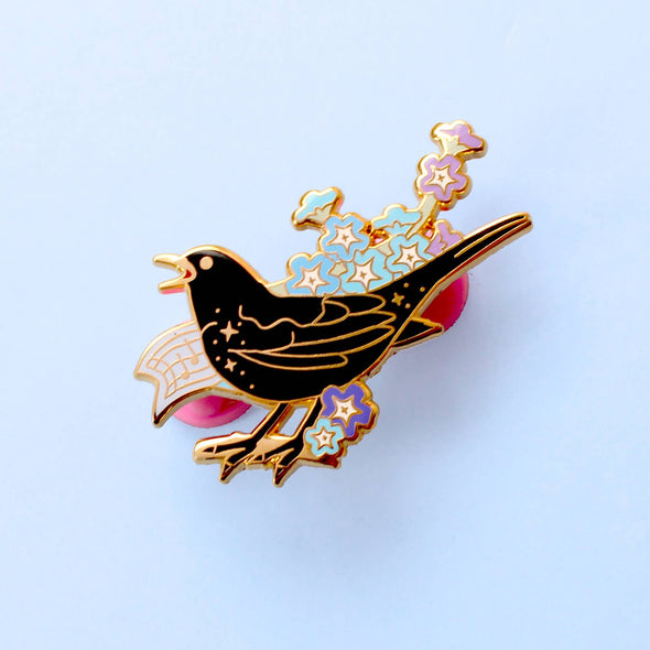 Blackbird & Flowers Enamel Pin