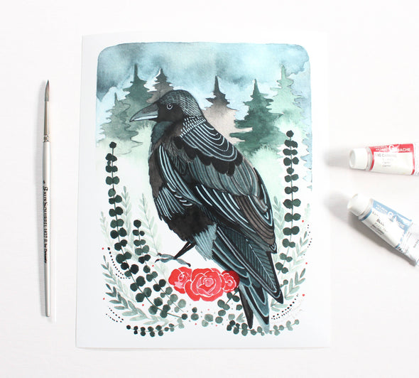 Crow with Roses Art Print (8" x 10")