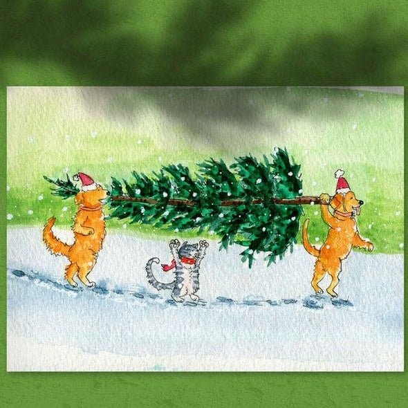 Cat & Dog Carry Tree Christmas Card