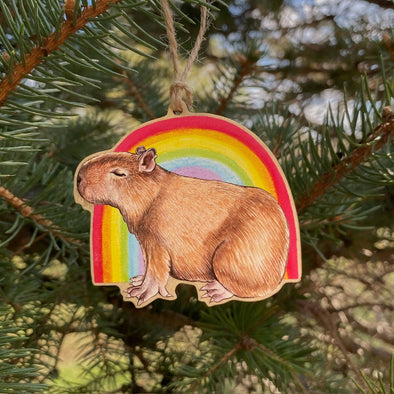 Rainbow Capybara Wood Print Christmas Ornament