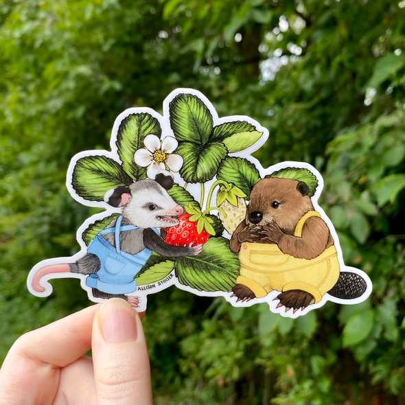 Strawberry Farmer Opossum and Beaver Large Weatherproof Vinyl Sticker