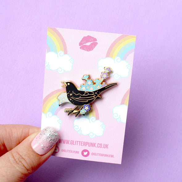 Blackbird & Flowers Enamel Pin