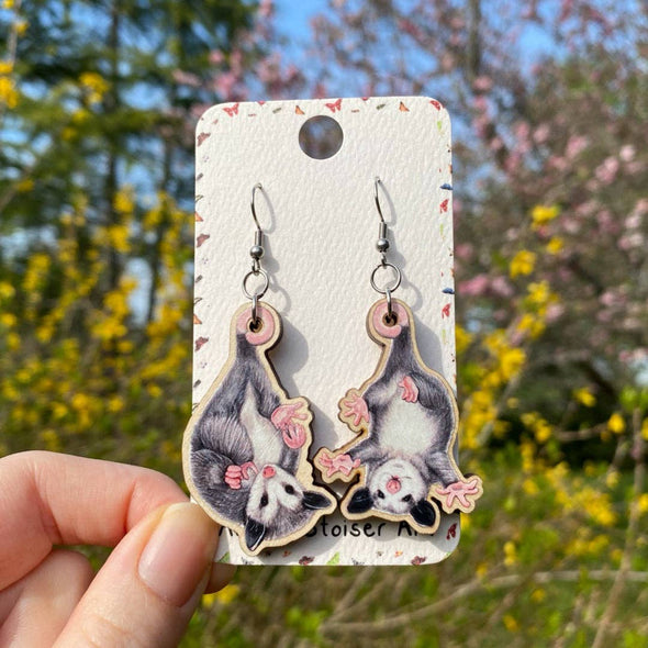 Wooden Baby Opossum Earrings