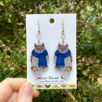 Acrylic Cozy Great Horned Owl in Scarf Earrings