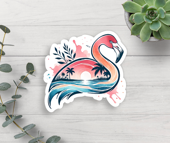 Beach Scene Flamingo Vinyl Sticker