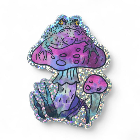Grumpy Toad on Mushroom Glitter Sticker