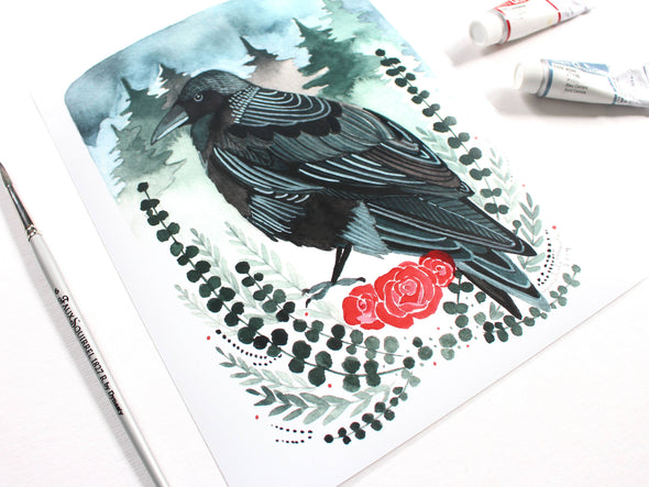 Crow with Roses Art Print (8" x 10")