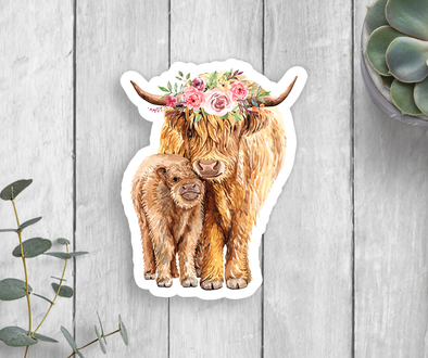 Highland Cow & Calf Vinyl Sticker