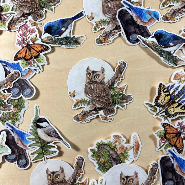 Screech Owl With Moths Sticker