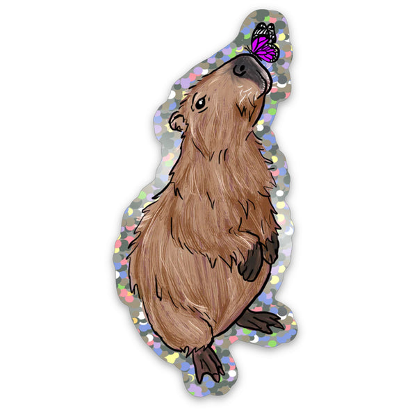 Capybara & Butterfly Glitter Sticker