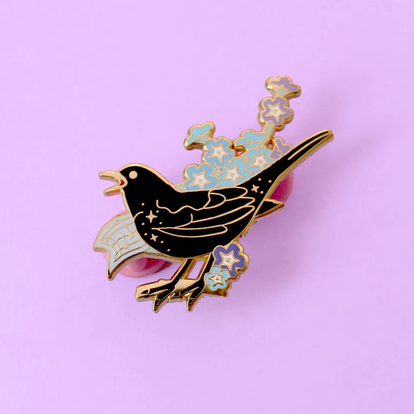 Blackbird & Flowers Enamel Pin