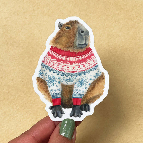 Holiday Capybara in Cozy Sweater Vinyl Sticker 