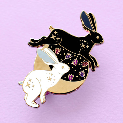 Black & White Hares and Moon Enamel Pin