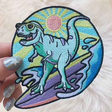 Surfing T-Rex Iron-On Patch