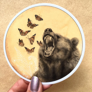 Roaring Bear & Butterflies Vinyl Sticker