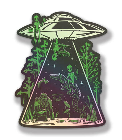 Love Thy Neighbors UFO Holographic Sticker (Alien & Alligator)