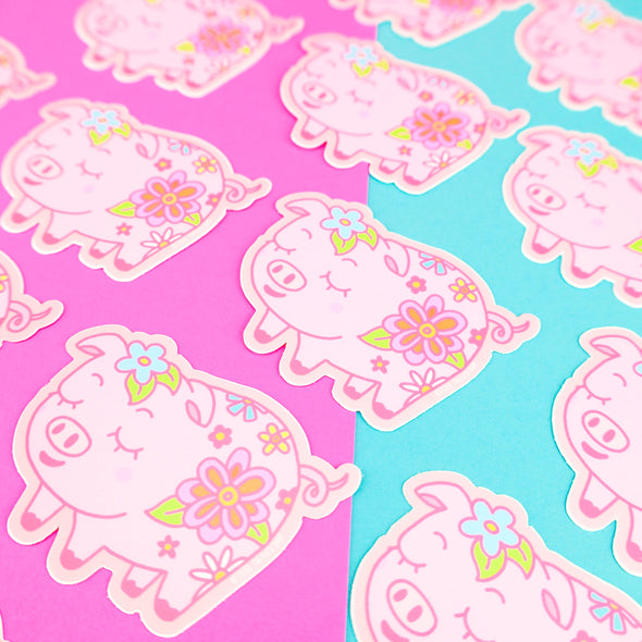 Floral Pink Piggy Vinyl Sticker