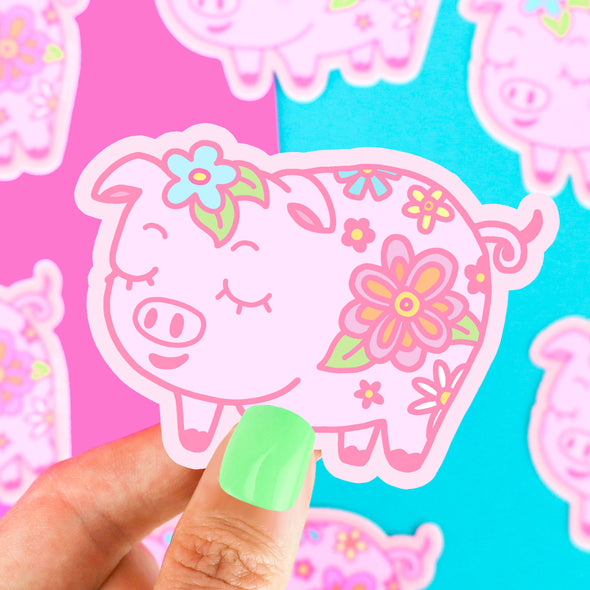 Floral Pink Piggy Vinyl Sticker