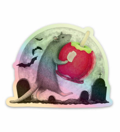 Halloween Rat with Candy Apple Holographic Sticker