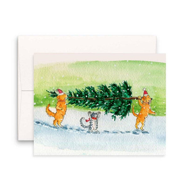 Cat & Dog Carry Tree Christmas Card