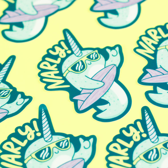 Surfing Narwhal Narly Vinyl Sticker