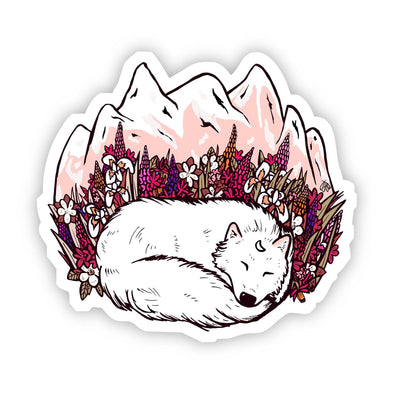 Sleeping White Wolf with mountains and flowers Sticker