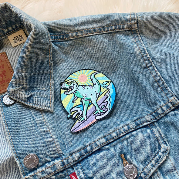 Surfing T-Rex Iron-On Patch
