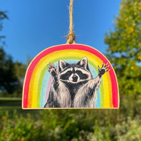 Rainbow Raccoon Wood Print Ornament