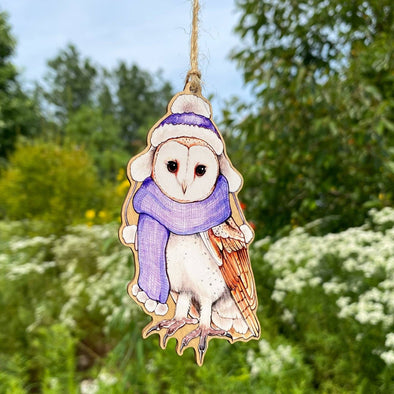 Barn Owl in Hat and Scarf Wood Print Ornament