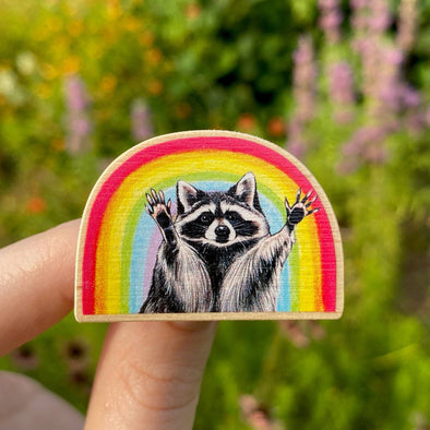 Rainbow Raccoon Wooden Pin