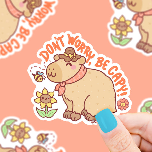 Capybara Don't Worry Be Capy Vinyl Sticker (with flower and bee)