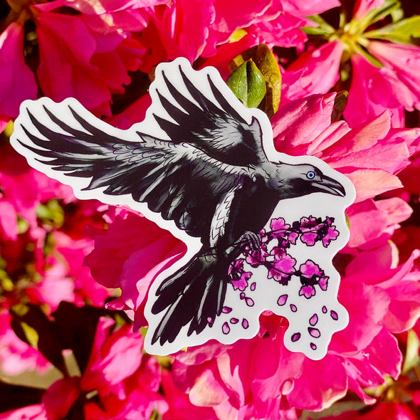 Flying Crow & Blossoms Vinyl Sticker