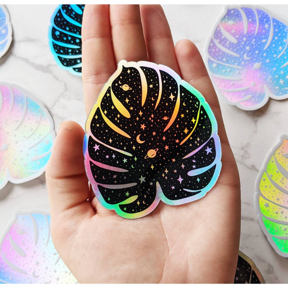 Cosmic Monstera Leaf Holographic Sticker
