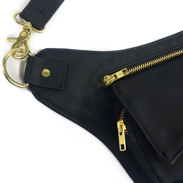 Black Vegan Leather Hip Bag (Gold)