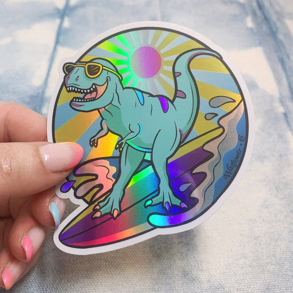 Surfing T-Rex Holographic Sticker